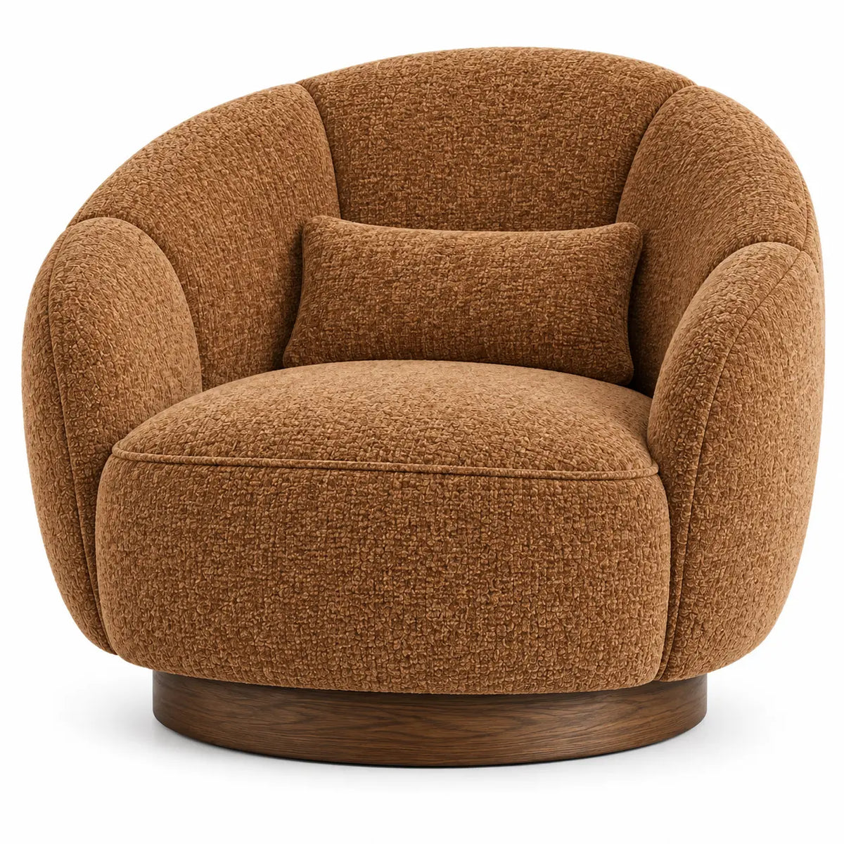 Sillón tapizado de líneas curvas de contorno redondeado, marrón