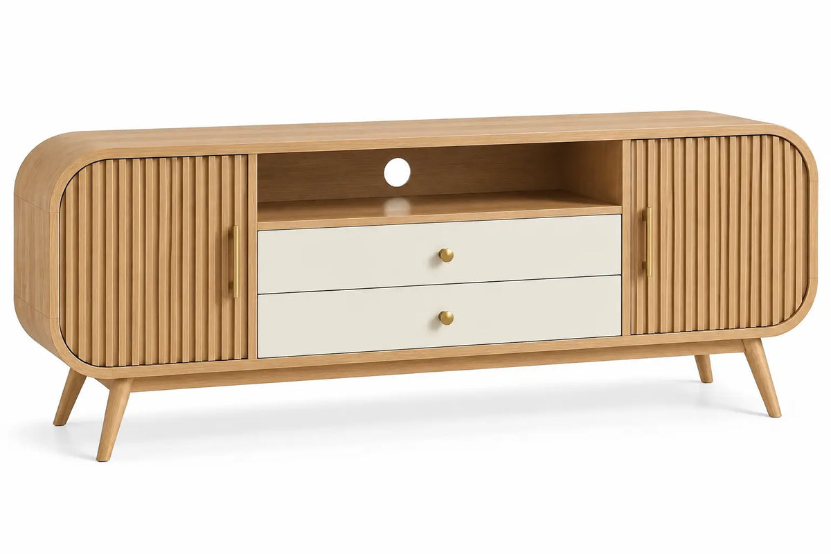 Mueble bajo para televisión con detalles de líneas verticales y estantes, marrón y blanco