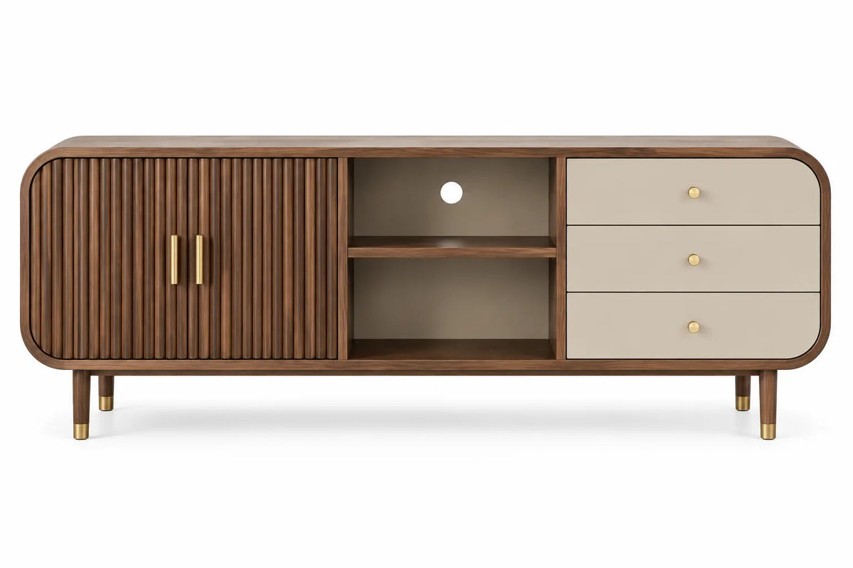 Mueble bajo para televisión con detalles de líneas verticales y estantes, marrón y beige