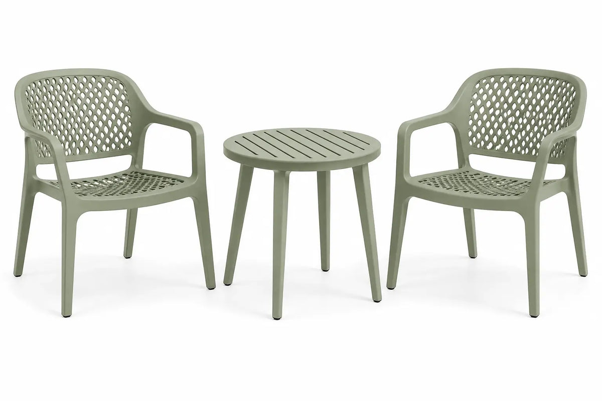 Conjunto de mesa y dos asientos con detalles de entramado, verde