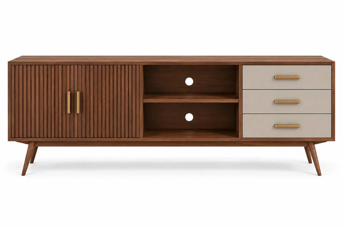Mueble bajo para televisión con detalles de líneas verticales y estantes, marrón y blanco