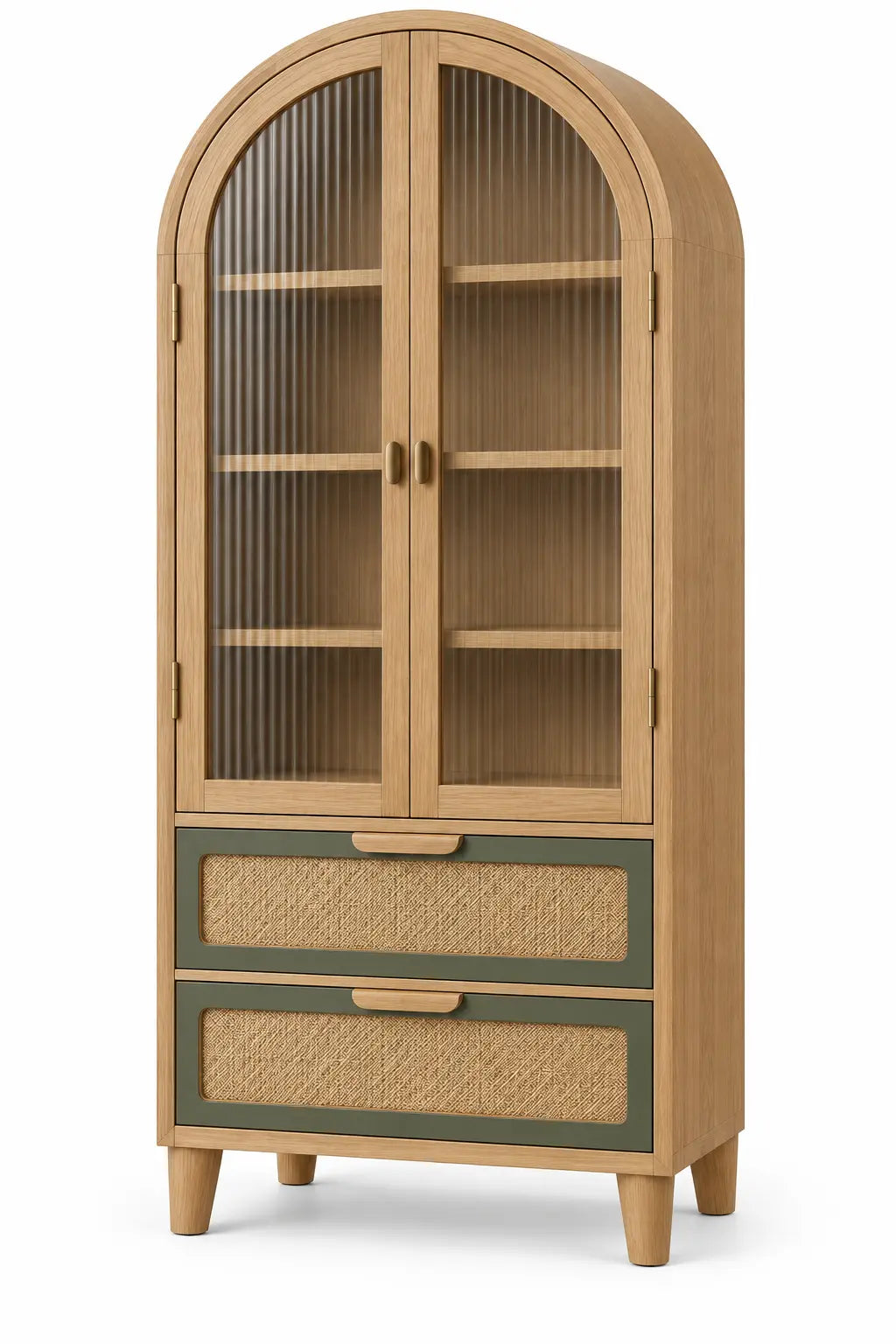 Vitrina de almacenamiento con formas arqueadas y cajones, marrón y verde