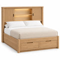 Estructura de cama con cabecero con estantes y cajones, marrón
